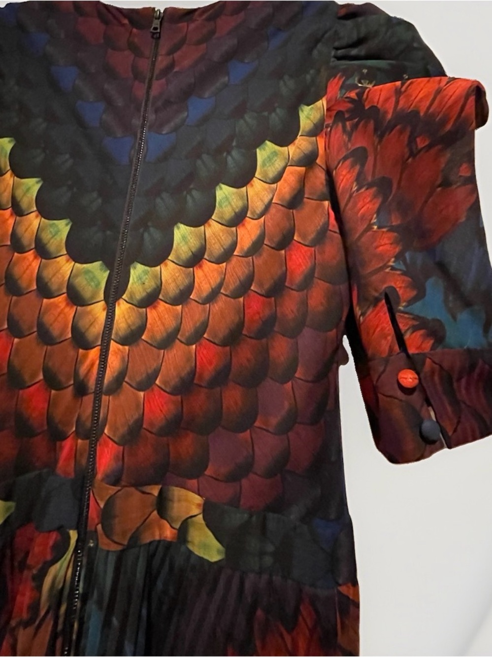 Alice + Olivia Haven Peacock Chiffon Pleated Ruffled Feather Multi Gown - Picture 5 of 9
